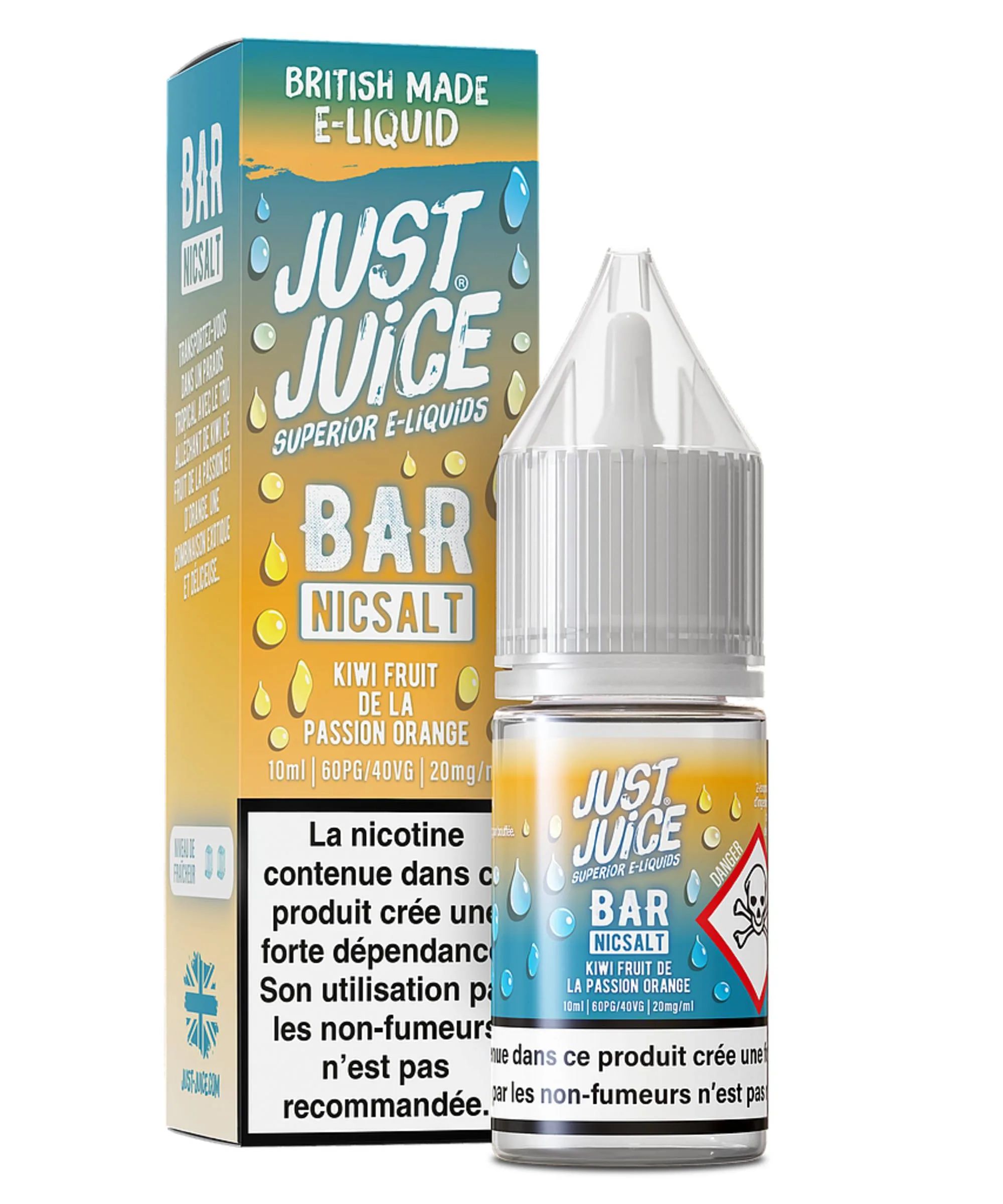E-liquide Kiwi Fruit de la Passion Orange 10 mL - Bar Nicsalt Just Juice